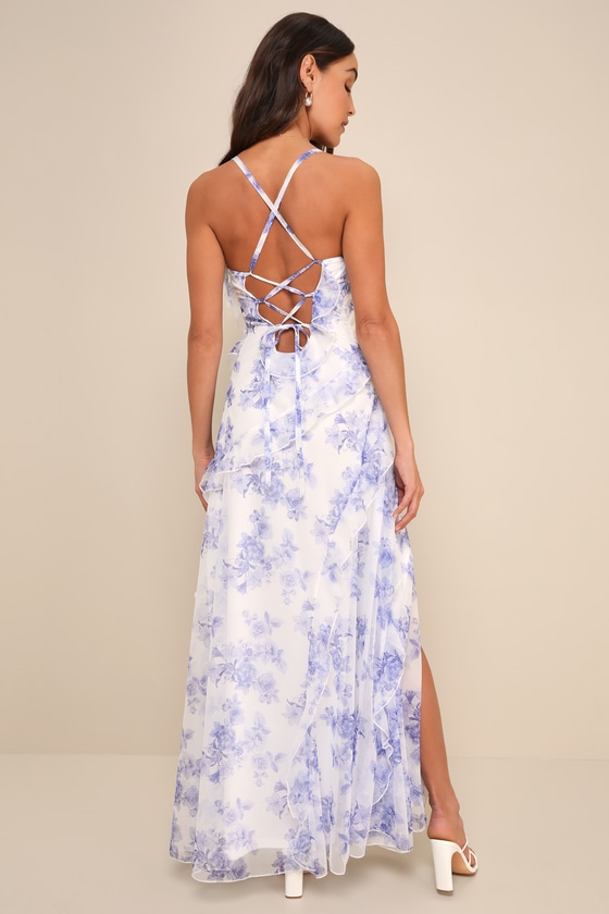 Lulus So Gorgeous White And Blue Floral Ruffled Lace-up Maxi Dress In White And Blue