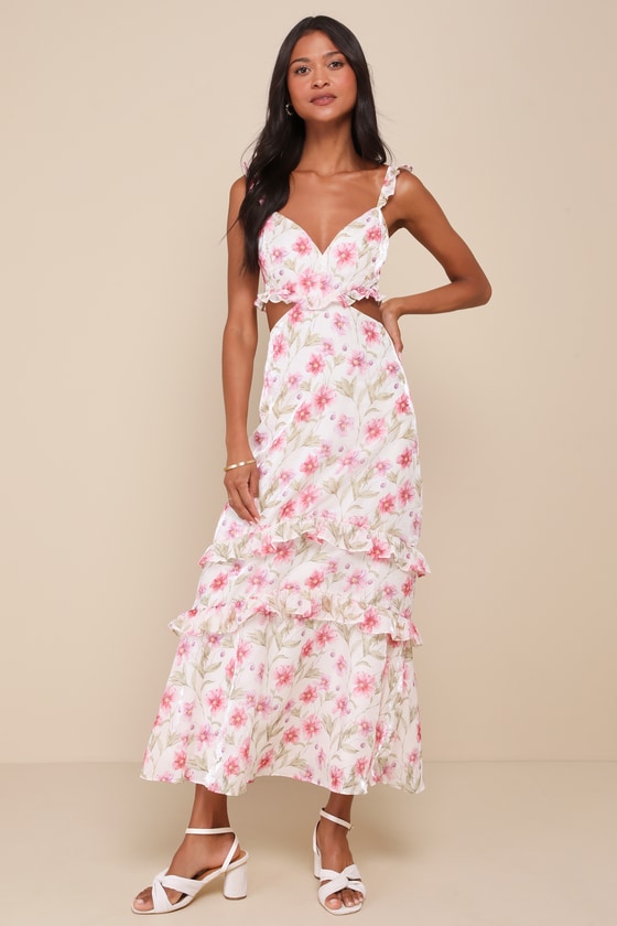 Lulus Spectacularly Gorgeous White Floral Cutout Ruffled Maxi Dress In White