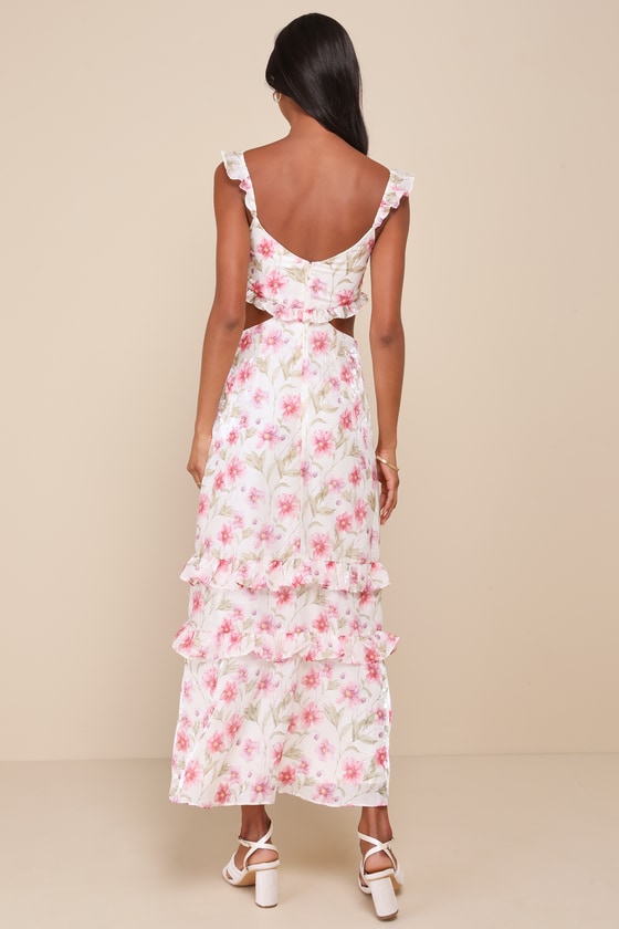 Lulus Spectacularly Gorgeous White Floral Cutout Ruffled Maxi Dress In White