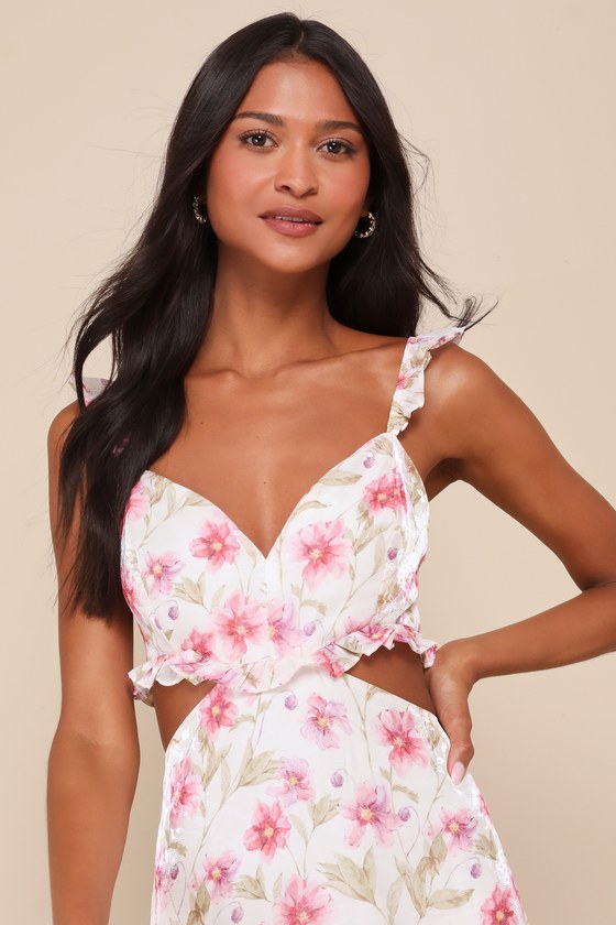 Lulus Spectacularly Gorgeous White Floral Cutout Ruffled Maxi Dress In White