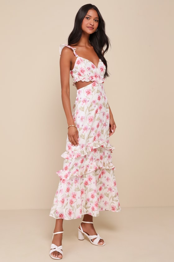 Lulus Spectacularly Gorgeous White Floral Cutout Ruffled Maxi Dress In White