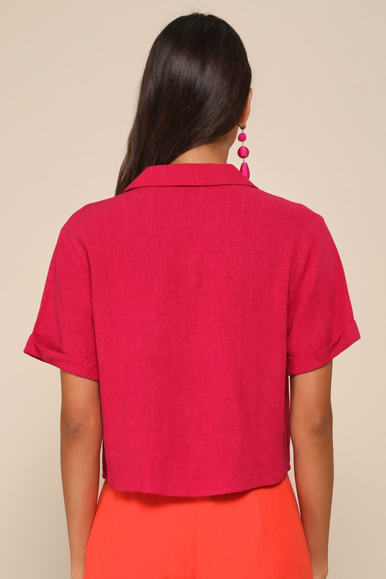 LULUS PUREST CHARM MAGENTA COLLARED BUTTON-UP SHORT SLEEVE TOP