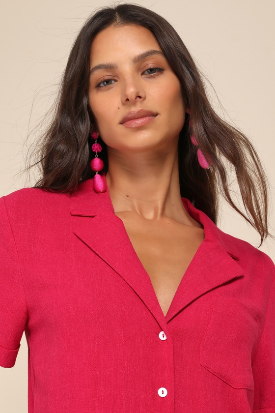 LULUS PUREST CHARM MAGENTA COLLARED BUTTON-UP SHORT SLEEVE TOP