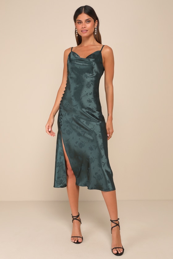 Green Midi Dress - Green Satin Dress - Floral Jacquard Midi