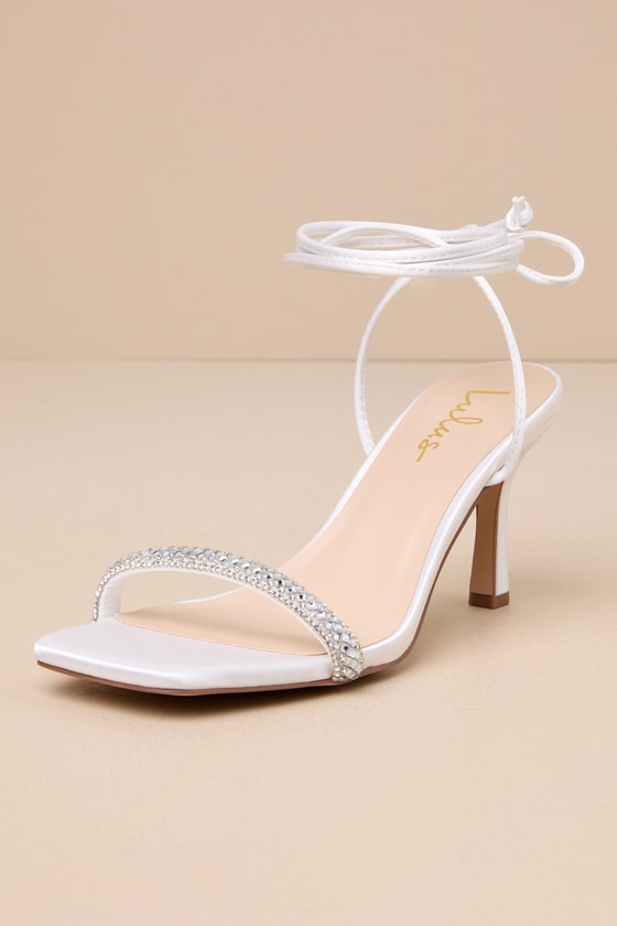 Ainslie White Satin Rhinestone Lace-Up High Heel Sandals 1