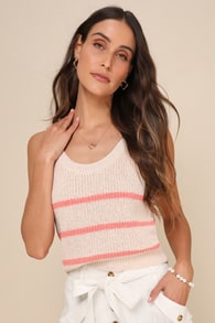 Effortless Sunshine Beige and Coral Striped Sweater Tank Top 1