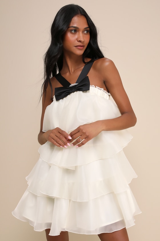 Ivory and Black Dress - Tiered Bow Dress - Shift Mini Dress - Lulus