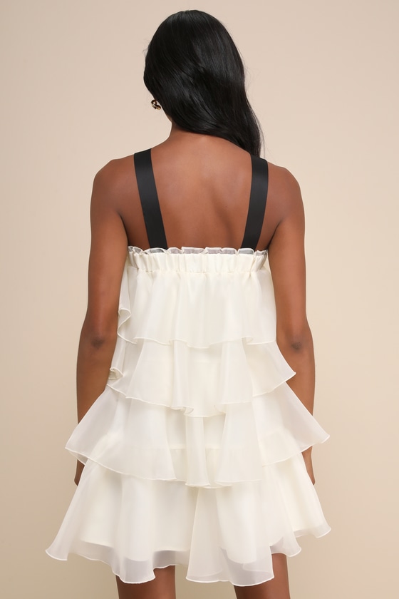 Deluxe Vision Ivory and Black Tiered Bow Shift Mini Dress 2