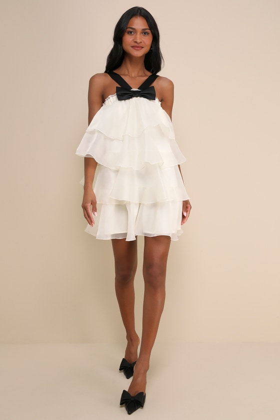 Lulus Deluxe Vision Ivory And Black Tiered Bow Shift Mini Dress In Black