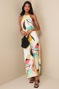 Wonderful Bliss Beige Multi Abstract Print Backless Maxi Dress 2