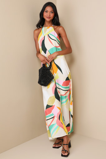 Wonderful Bliss Beige Multi Abstract Print Backless Maxi Dress 2