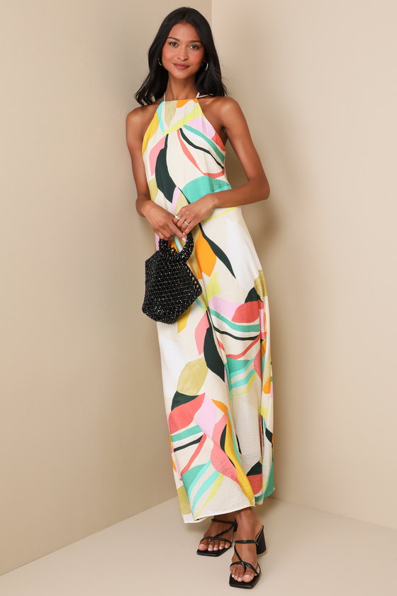 Wonderful Bliss Beige Multi Abstract Print Backless Maxi Dress 2