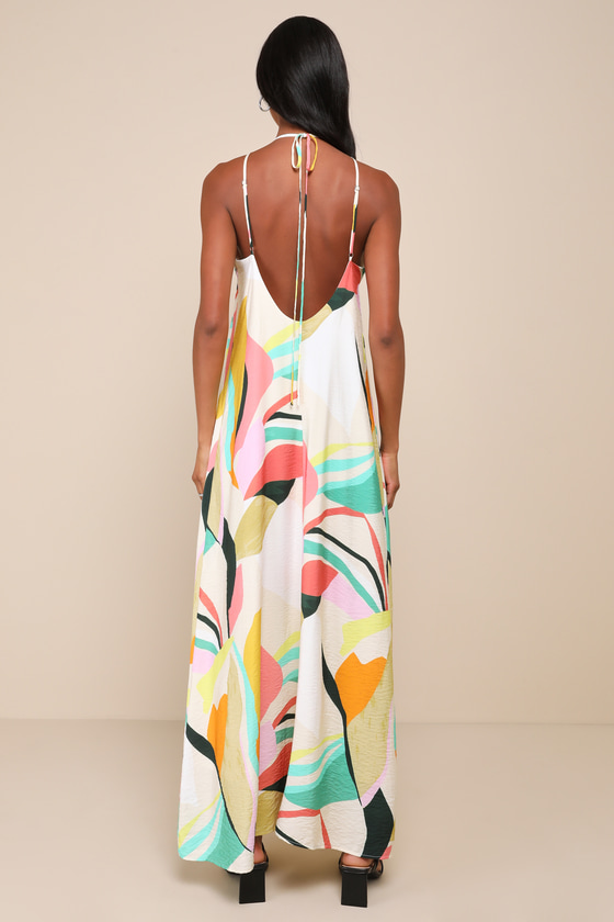 Lulus Wonderful Bliss Beige Multi Abstract Print Backless Maxi Dress In Beige
