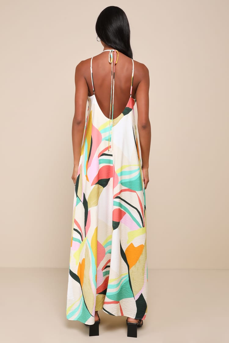 Wonderful Bliss Beige Multi Abstract Print Backless Maxi Dress