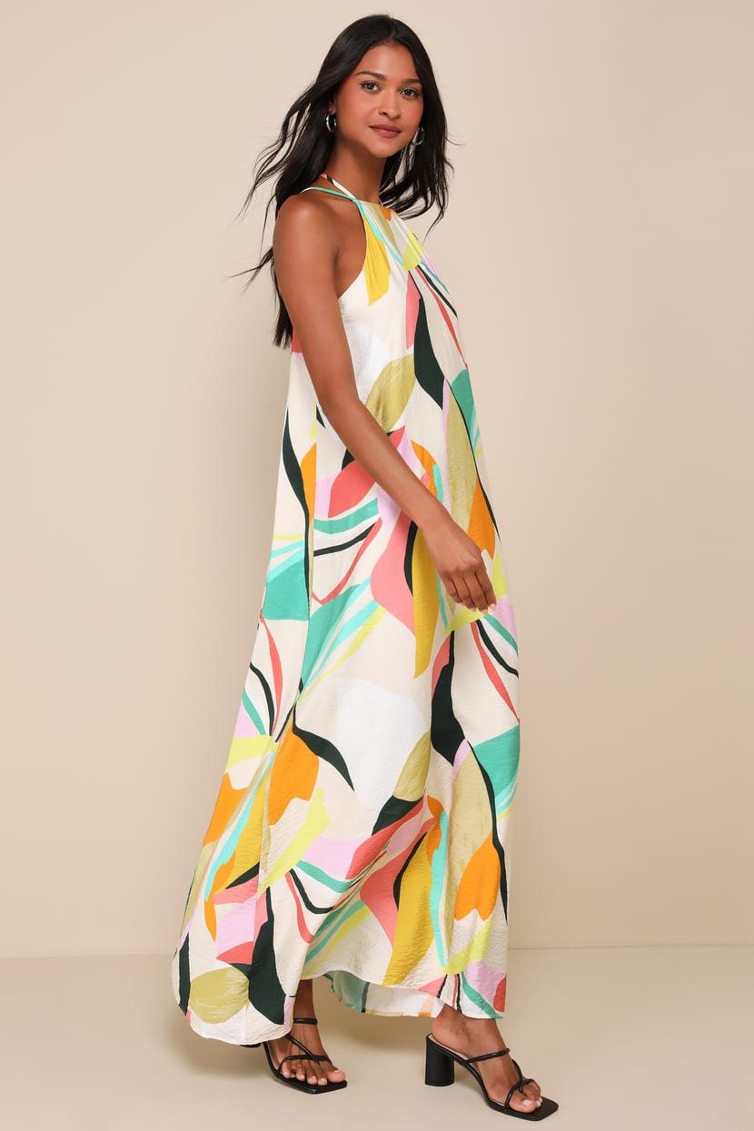 Lulus | Beige Multi Abstract Print Backless Maxi Dress | Womens | Small (Available in XS, M, L, Xl) | 100% Polyester