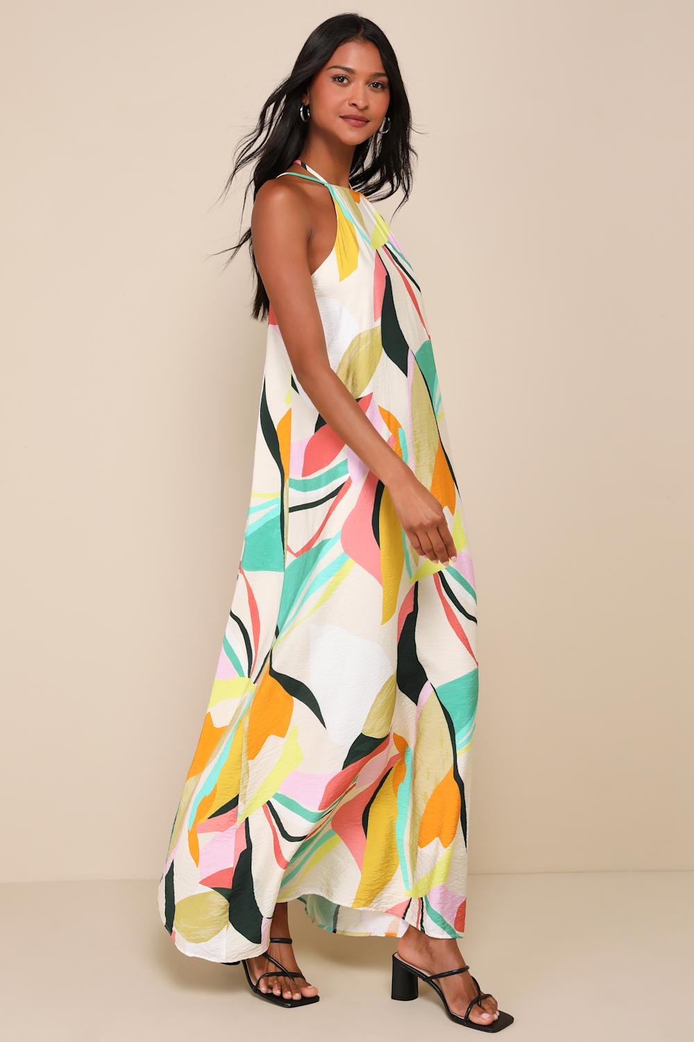 Wonderful Bliss Beige Multi Abstract Print Backless Maxi Dress