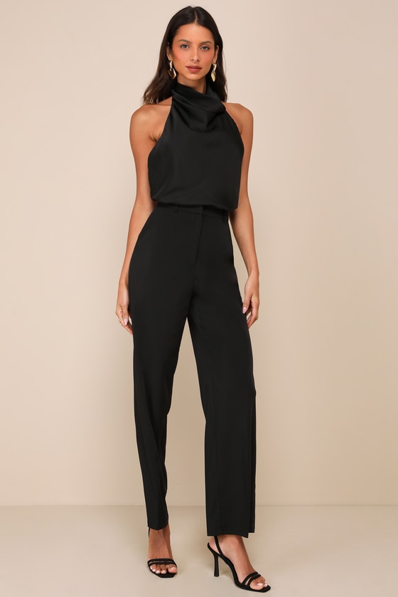 LULUS CHIC EVENT BLACK SATIN COWL BACKLESS HALTER TOP