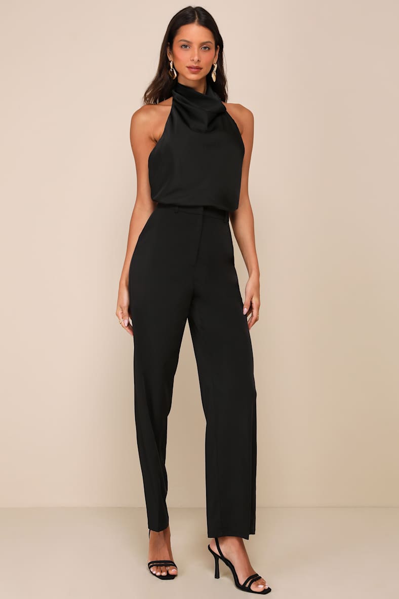 Chic Event Black Satin Cowl Backless Halter Top