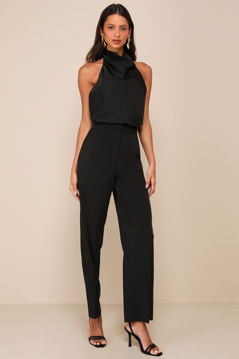 Chic Event Black Satin Cowl Backless Halter Top