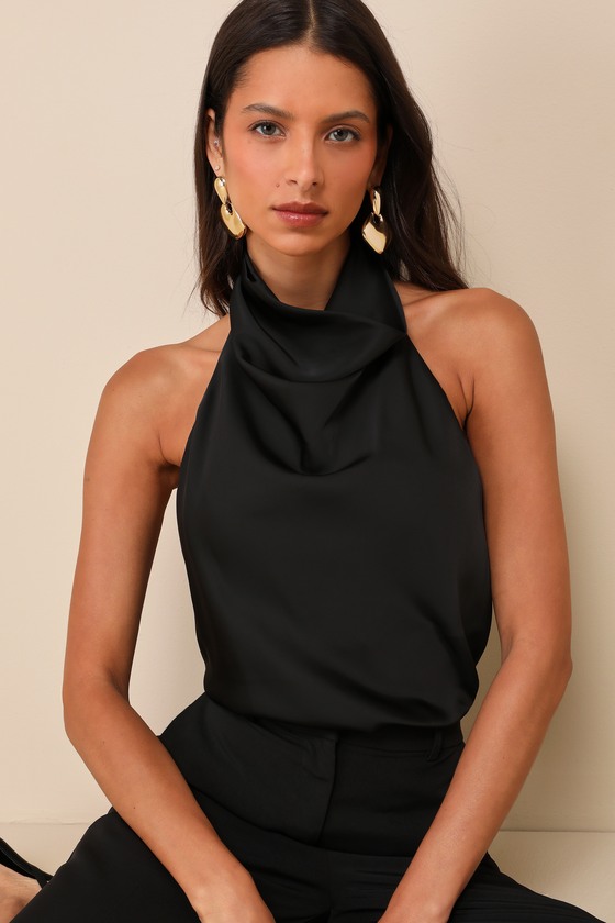 Black Satin Top Backless Halter Top Cowl Halter Top Lulus