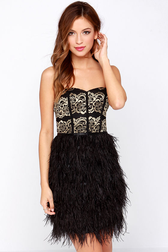 black strapless dress with feathers