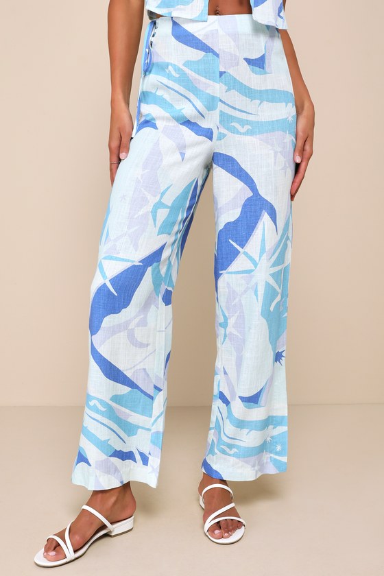 LULUS WONDROUS CHARM BLUE MULTI PRINT LINEN SPLIT HEM PANTS
