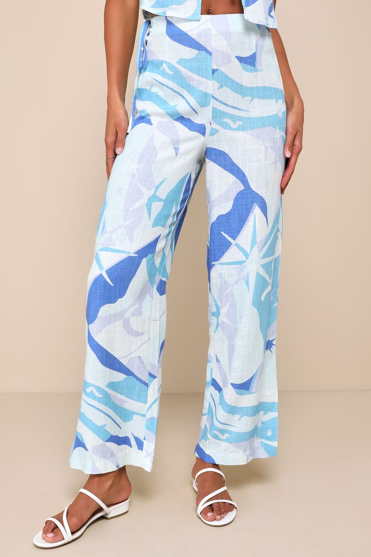 Wondrous Charm Blue Multi Print Linen Split Hem Pants
