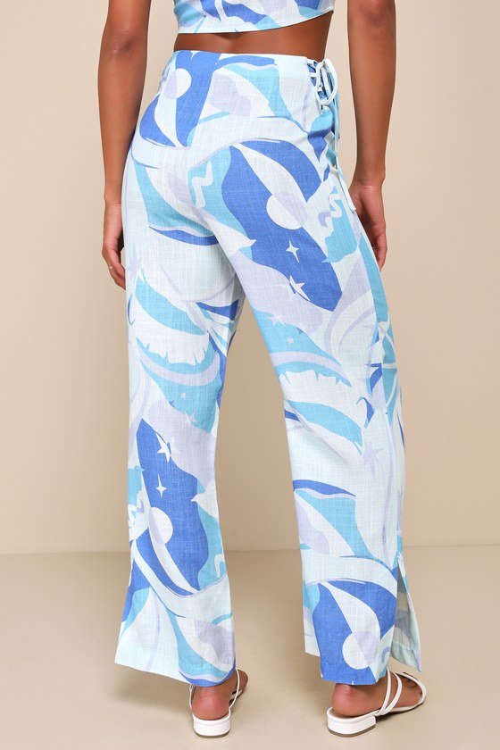 LULUS WONDROUS CHARM BLUE MULTI PRINT LINEN SPLIT HEM PANTS