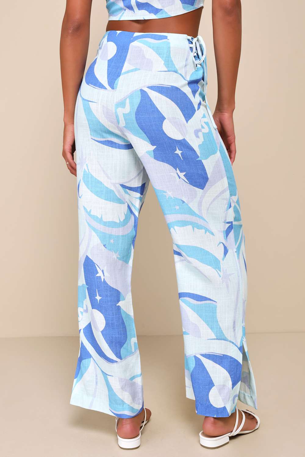 Wondrous Charm Blue Multi Print Linen Split Hem Pants