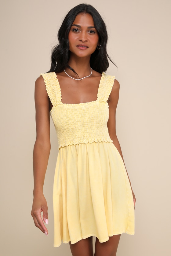 Washed Light Yellow Dress - Ruffled Smocked Dress - Mini Dress - Lulus