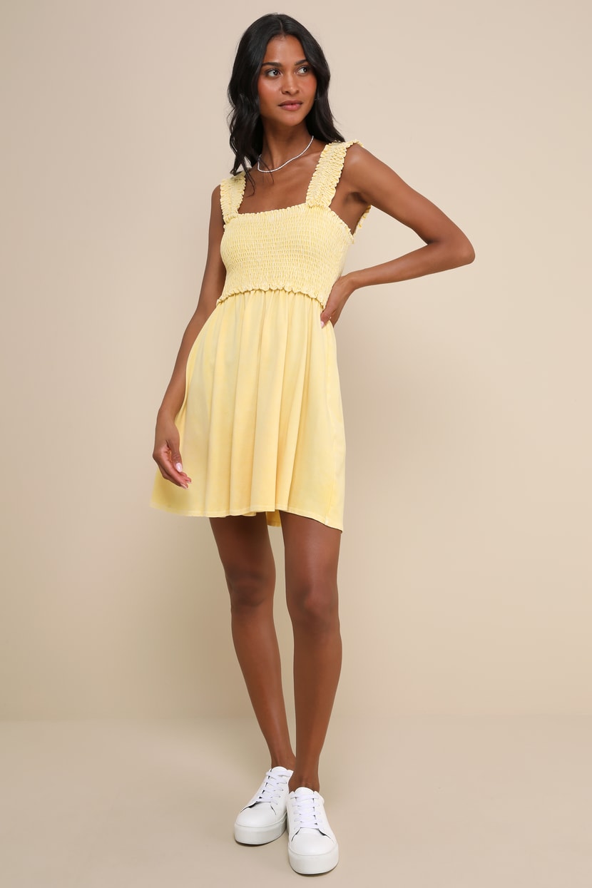 Washed Light Yellow Dress - Ruffled Smocked Dress - Mini Dress - Lulus