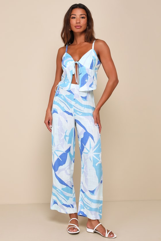 LULUS WONDROUS CHARM BLUE MULTI PRINT LINEN TIE-FRONT CROP TOP