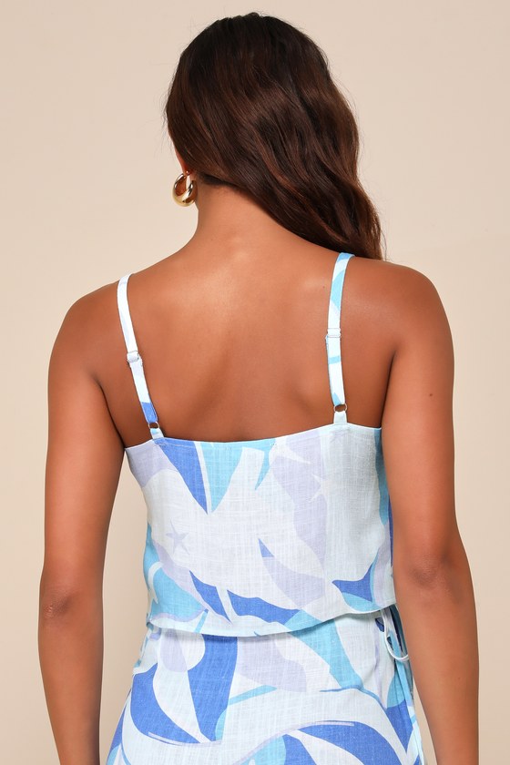 LULUS WONDROUS CHARM BLUE MULTI PRINT LINEN TIE-FRONT CROP TOP