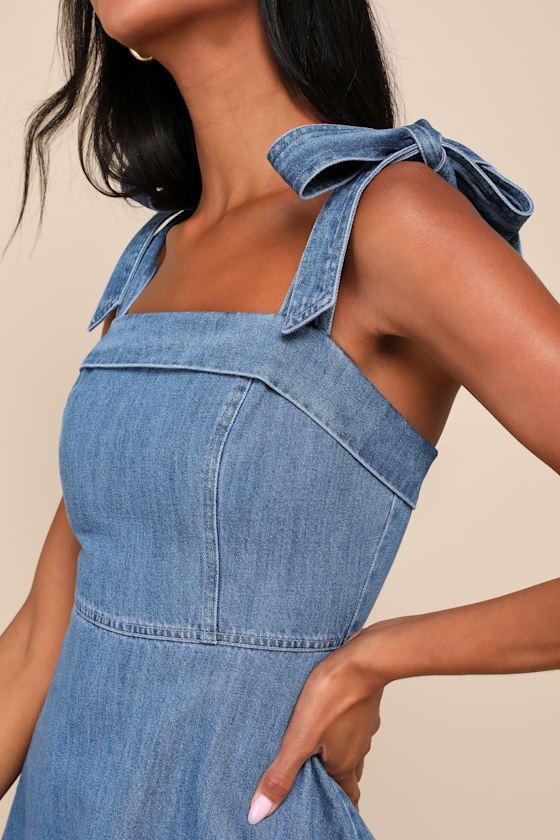 Lulus Precisely Sweet Medium Wash Tie-strap Denim Mini Dress In Blue