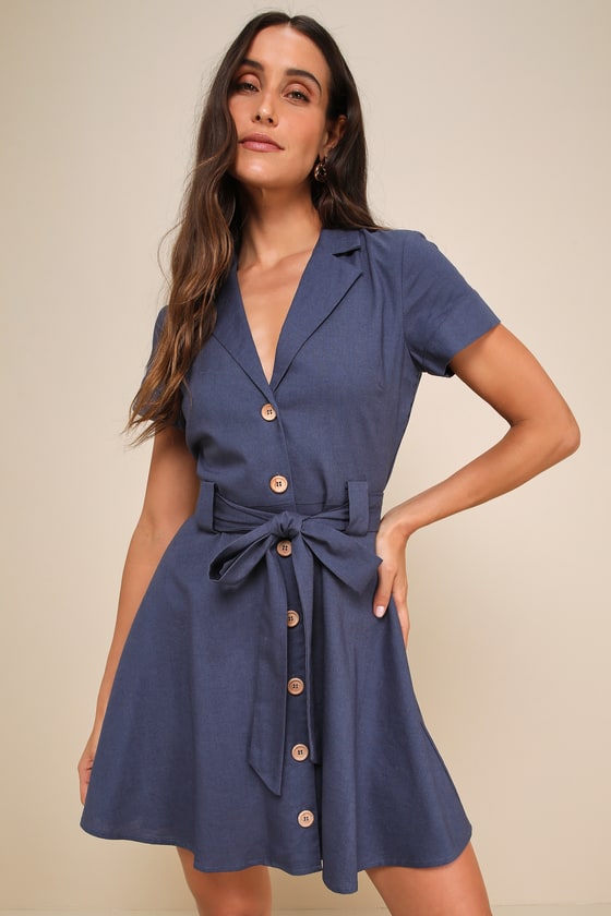 Knitted Long Sleeve Button-Up Mini Dress - Blue