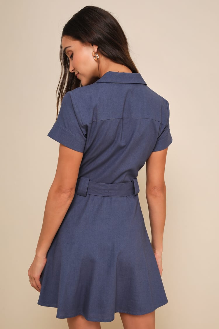 Delightful Dear Blue Linen Short Sleeve Button-Front Mini Dress