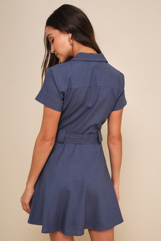 Delightful Dear Blue Linen Short Sleeve Button-Front Mini Dress 5