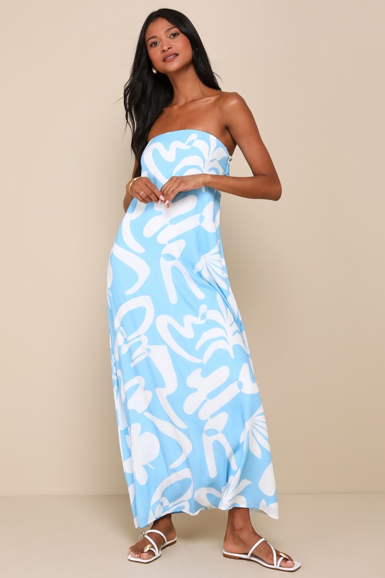 Lulus Summering In Sã£o Paulo Light Blue Abstract Strapless Maxi Dress In Light Blue