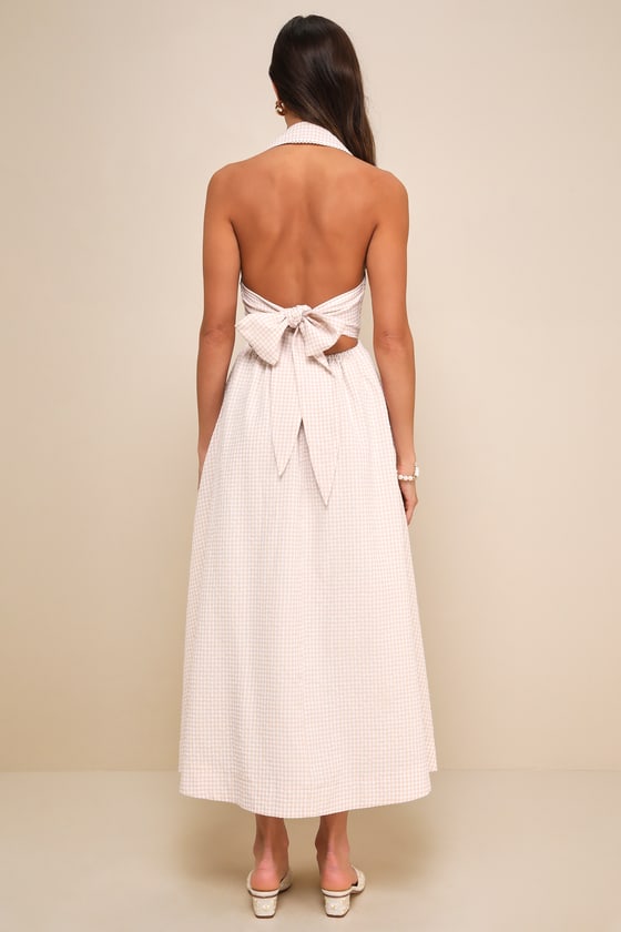 Exceedingly Charming Beige Gingham Rickrack Halter Midi Dress 4