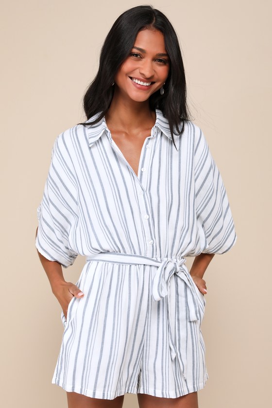 LULUS SUN-DRENCHED SWEETIE WHITE AND BLUE STRIPED BUTTON-UP ROMPER