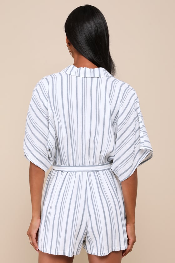 LULUS SUN-DRENCHED SWEETIE WHITE AND BLUE STRIPED BUTTON-UP ROMPER