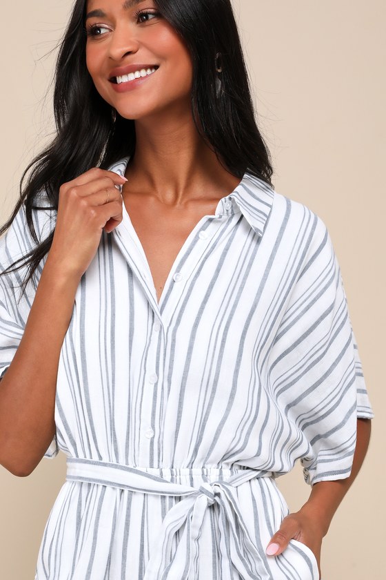 LULUS SUN-DRENCHED SWEETIE WHITE AND BLUE STRIPED BUTTON-UP ROMPER