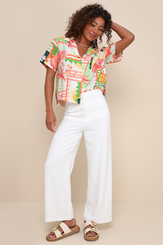 Lulus Breezy Versatility White Linen Wide-leg High-rise Pants In White