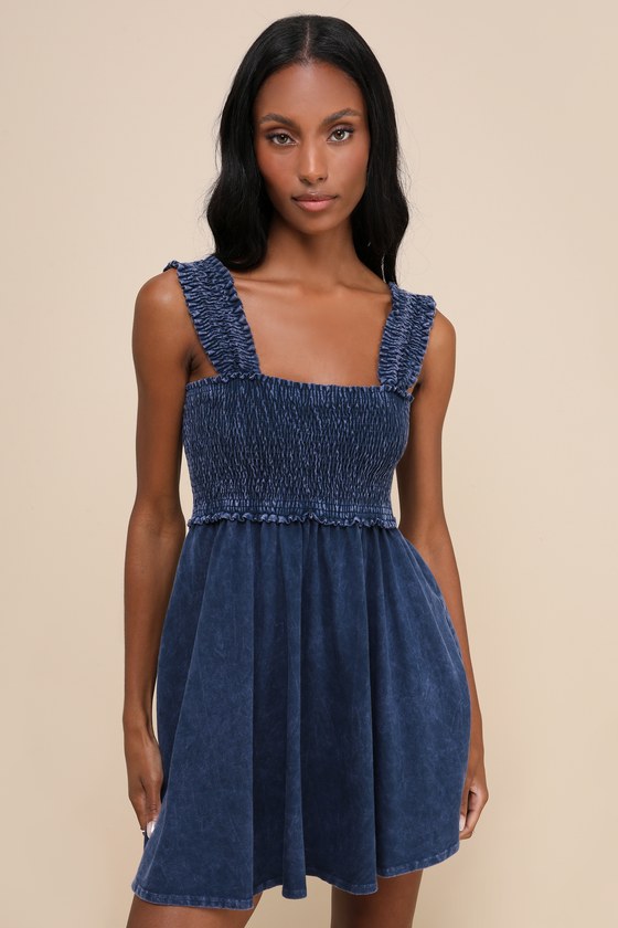 Washed Navy Blue Dress - Ruffled Smocked Dress - Mini Dress - Lulus