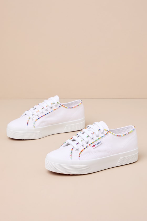SUPERGA 2740 WHITE MULTI COLOR BEADED CANVAS PLATFORM SNEAKERS