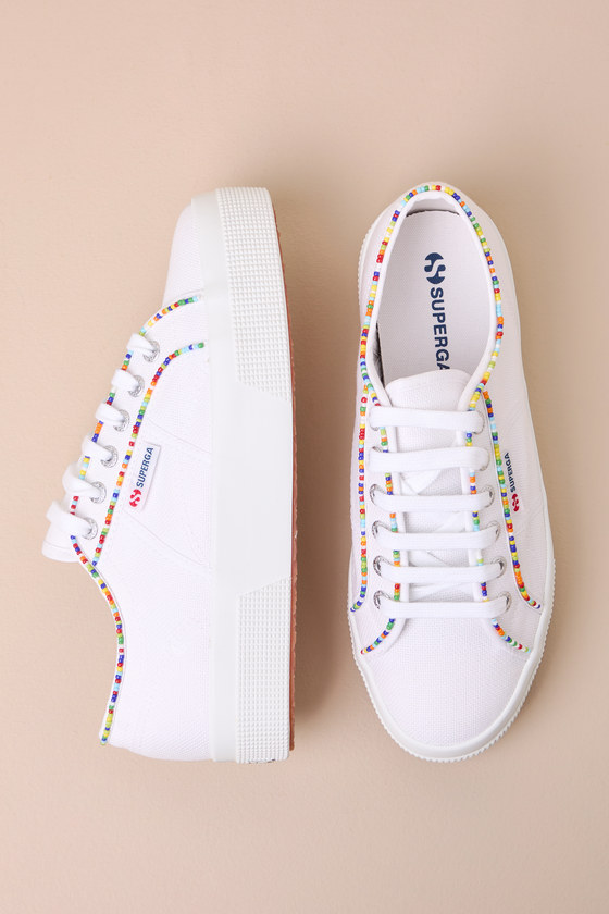 SUPERGA 2740 WHITE MULTI COLOR BEADED CANVAS PLATFORM SNEAKERS
