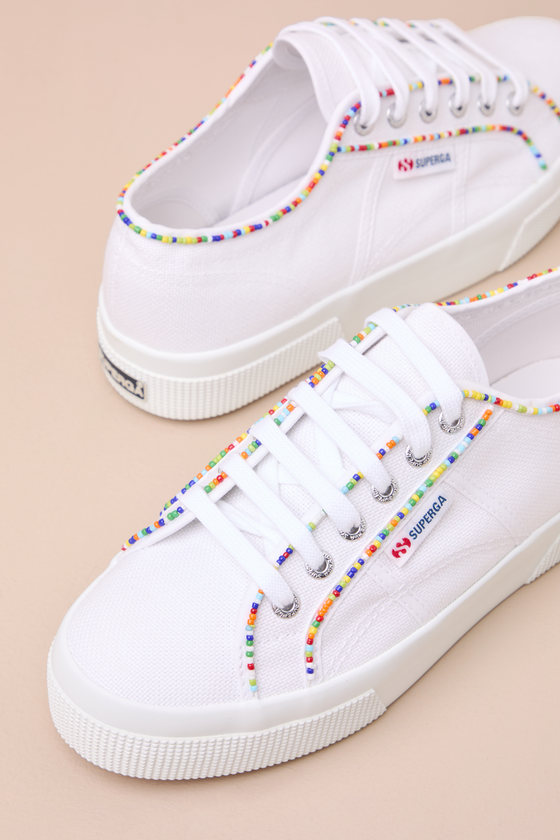 SUPERGA 2740 WHITE MULTI COLOR BEADED CANVAS PLATFORM SNEAKERS