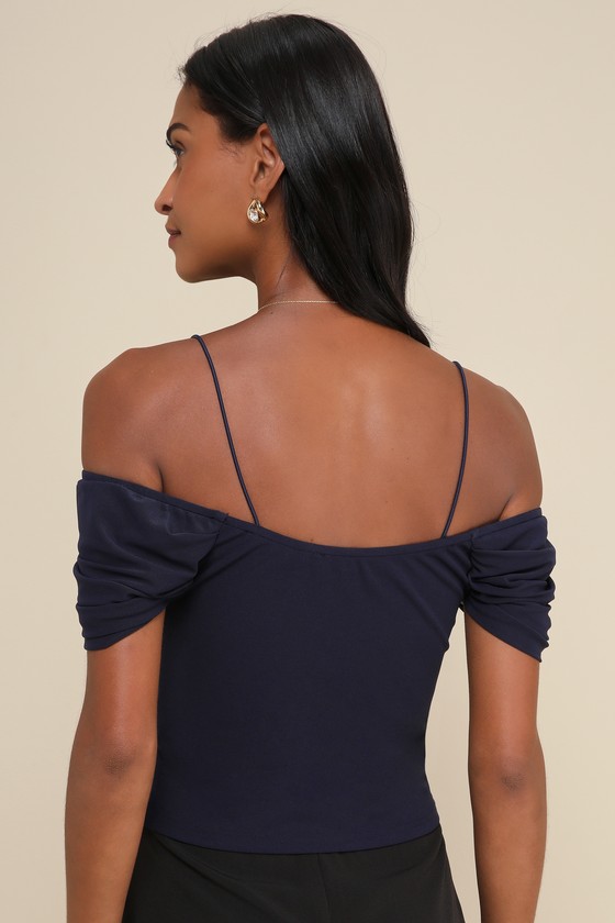 LULUS TREASURED VIBE NAVY BLUE MESH COLD-SHOULDER COWL TOP 