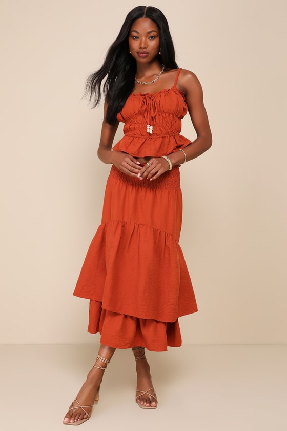 Jacquie The Label Exceedingly Effortless Rust Orange Ruffled Sleeveless Top In Rust Orange