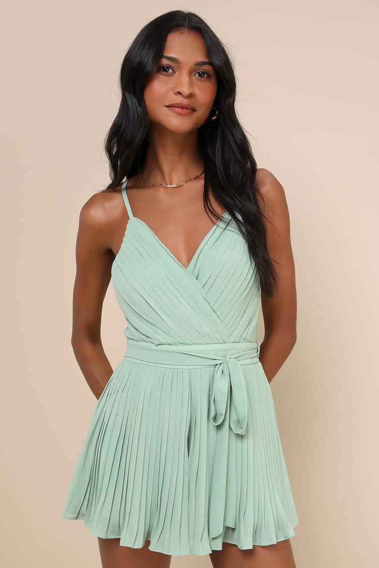 Enticingly Lovely Sage Green Pleated Backless Romper